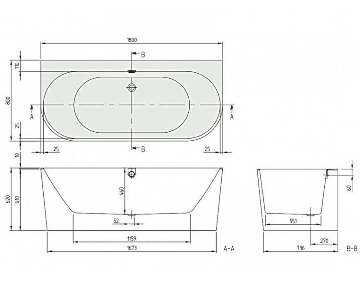 Ванна квариловая 180х80 см  OBERON UBQ180OBR9CD00V-01:Чертеж 