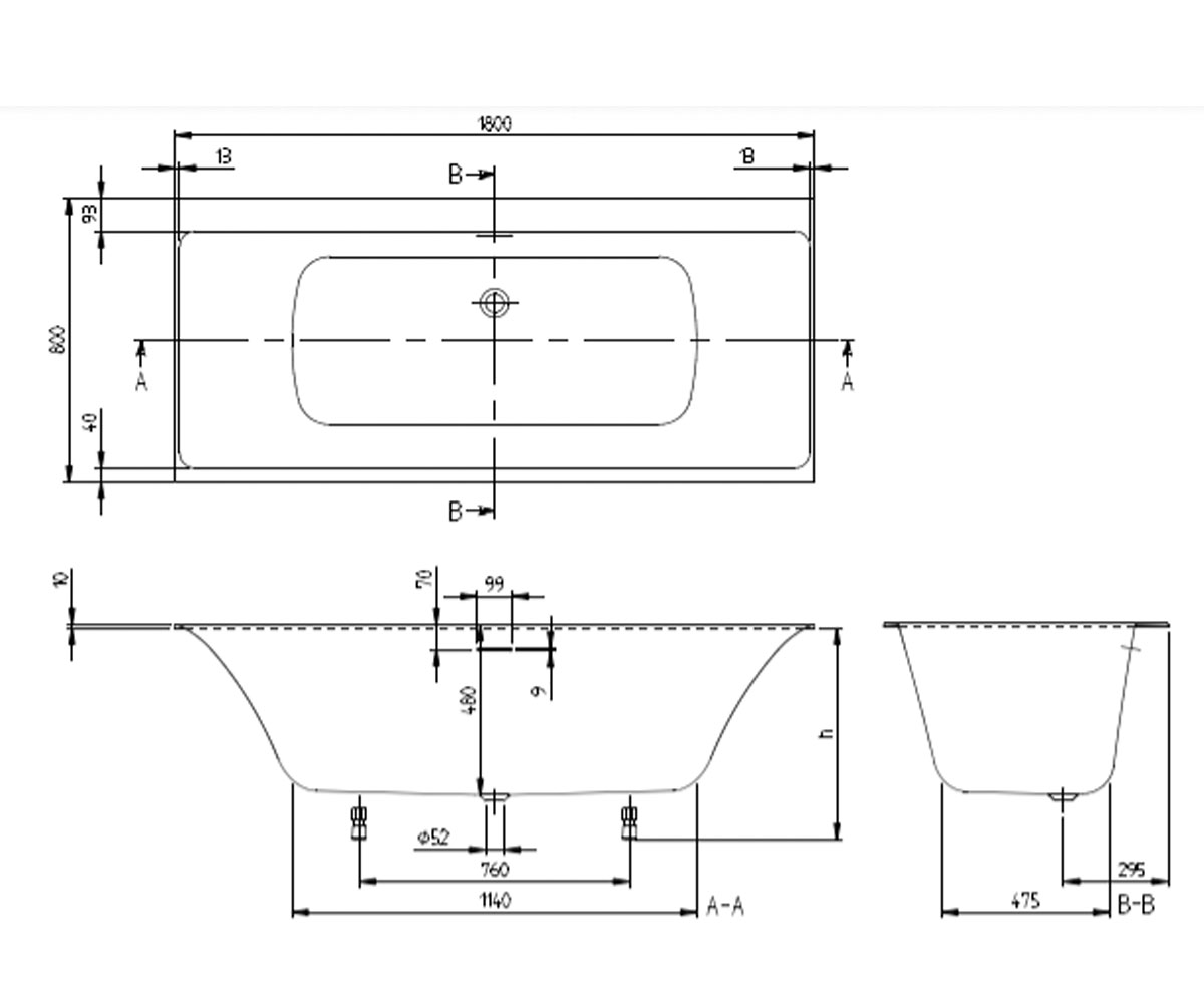 Квариловая ванна 180х80 см  SUBWAY 3.0 UBQ180SBW2DV-01:Чертеж 