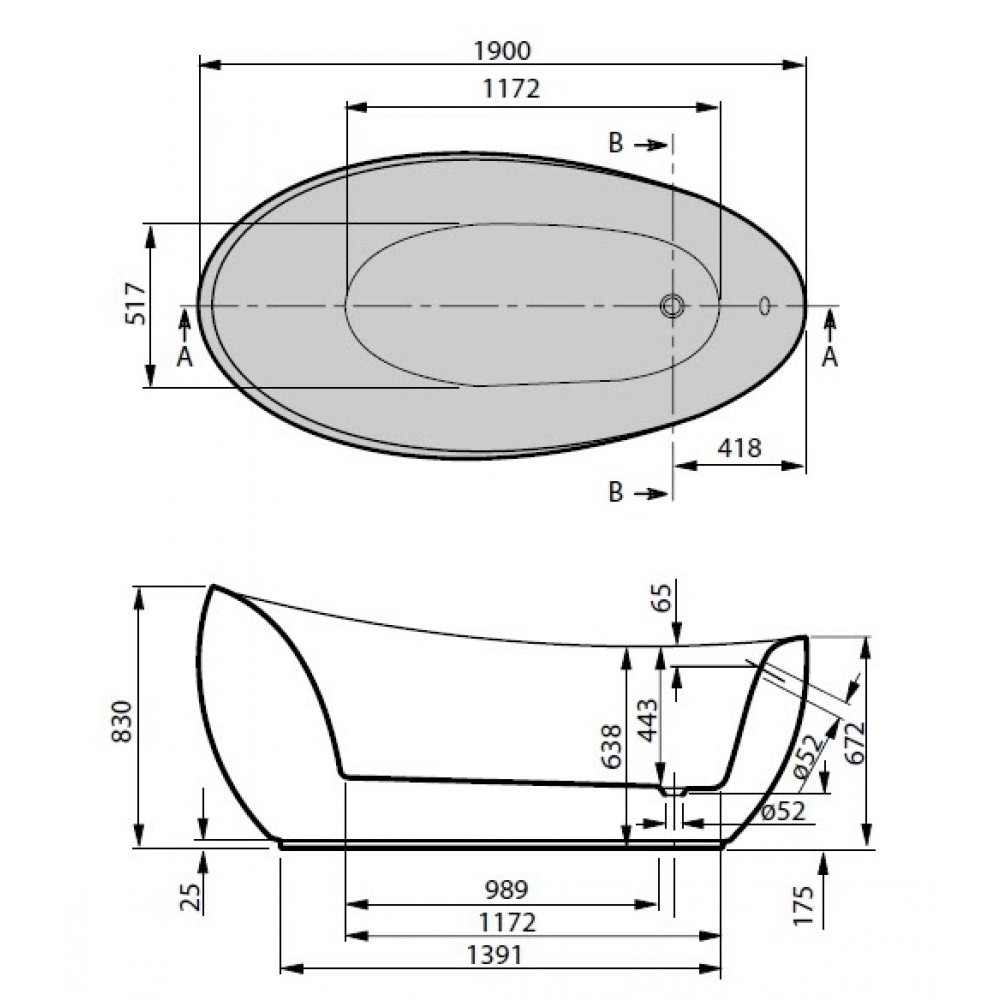 Отдельностоящая овальная ванна  AVEO UBQ194AVE9T1V-01-3:Чертеж 