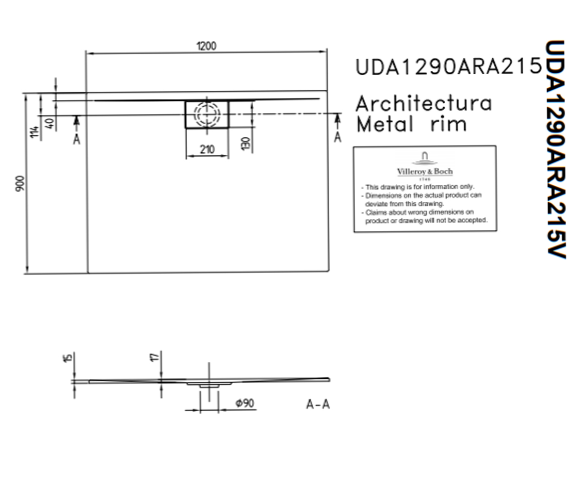 Поддон прямоугольный 120х90 см  ARCHITECTURA UDA1290ARA215V-01:Чертеж 