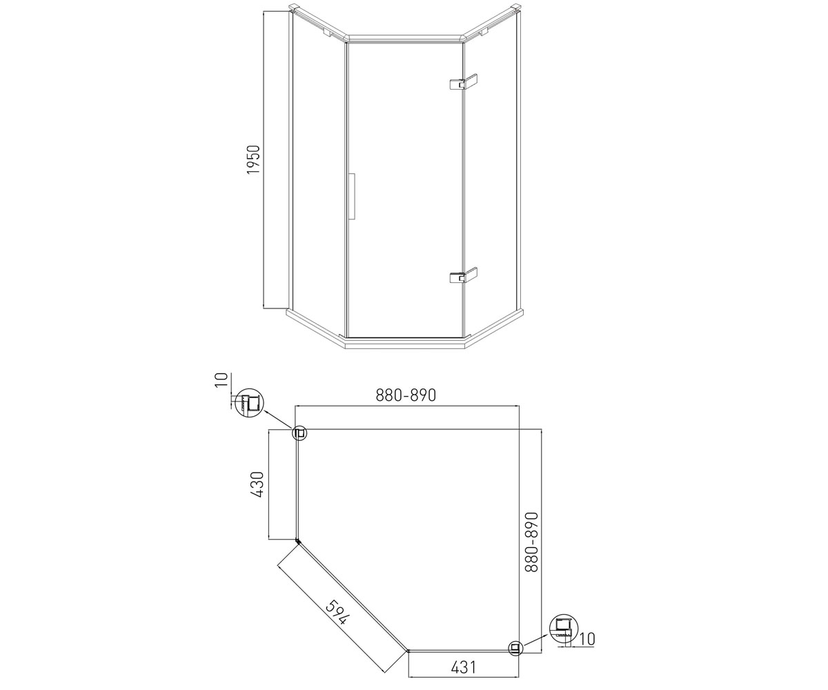 Правосторонняя кабинка 90х90 см  NEMO 10-22-170RGLASS:Чертеж 
