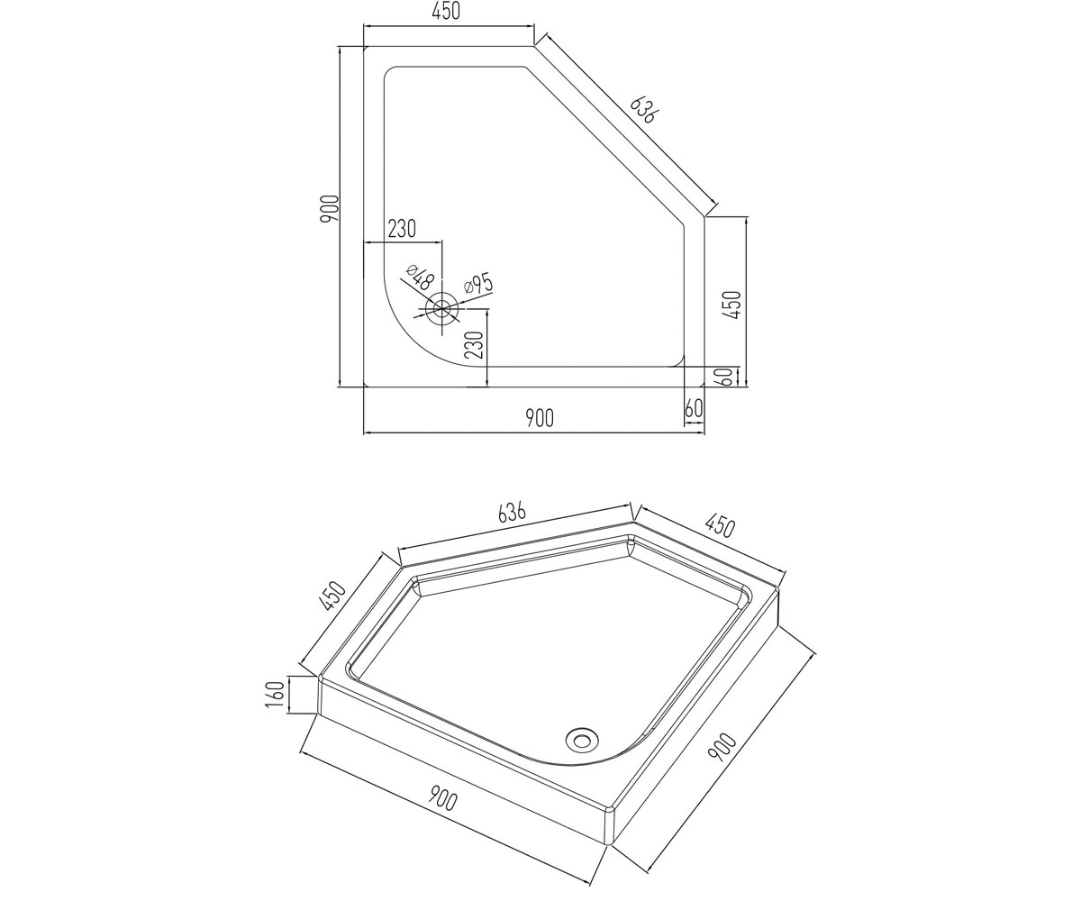 Поддон пятиугольный 90х90 см  NEMO 10-22-170TRAY:Чертеж 