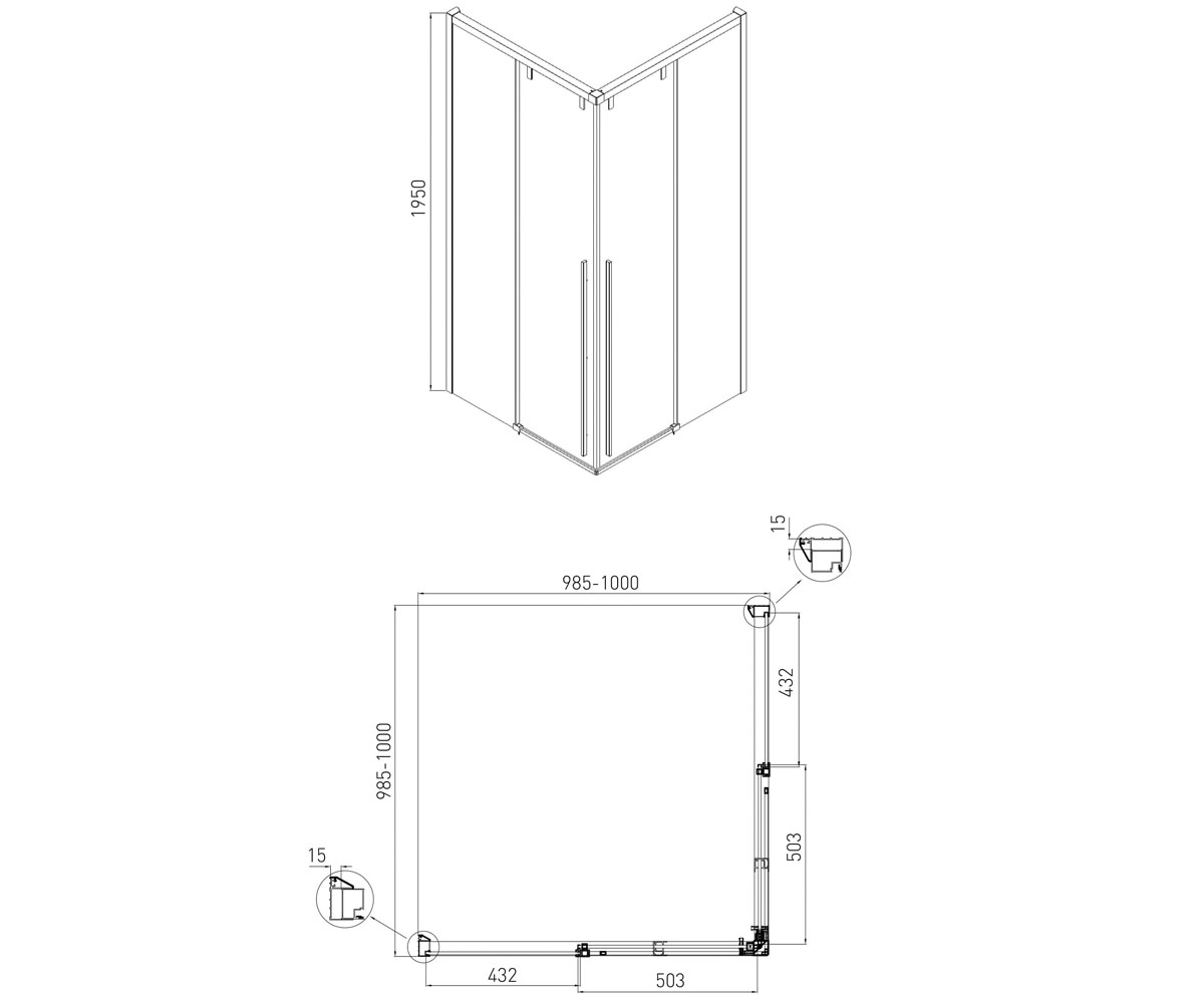 Кабинка квадратная 100х100 см  AIVA 10-22-680GLASS:Чертеж 