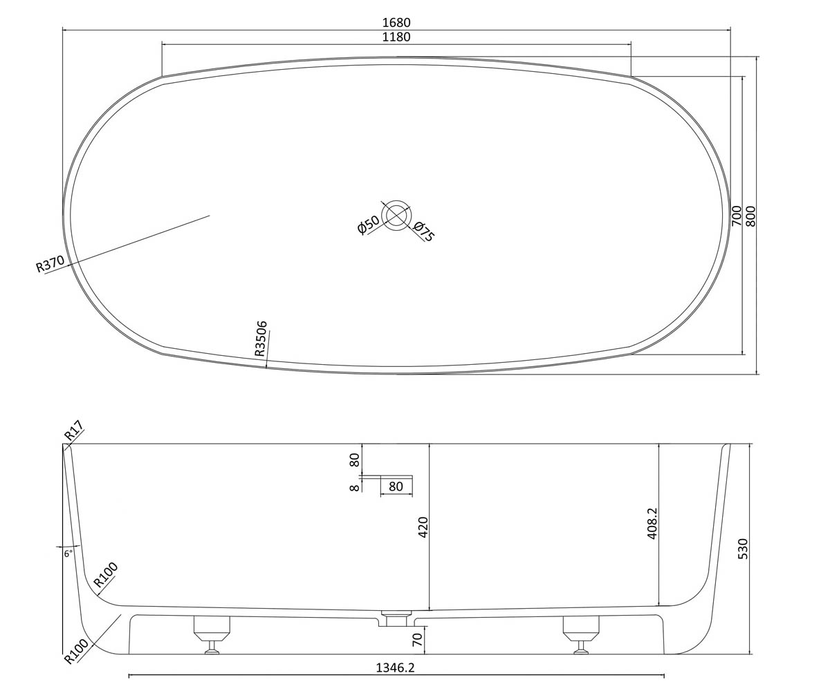 Ванна каменная 168х80 см  SOLID SURFACE 12-40-036:Чертеж 