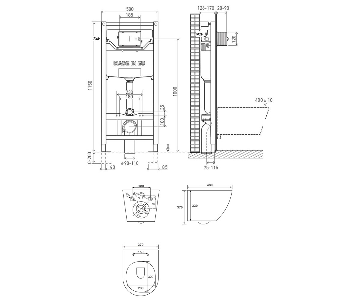 Унитаз с инсталляцией 3 в 1  AMADEUS M RIMLESS 13-06-055M+201010:Чертеж 