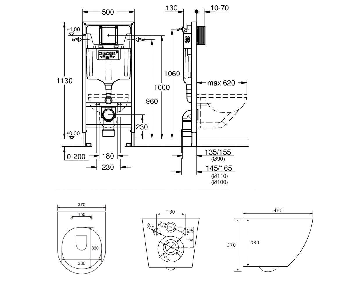 Унитаз с инсталляцией 5 в 1  AMADEUS M RIMLESS 13-06-055M+38772001+37131000:Чертеж 