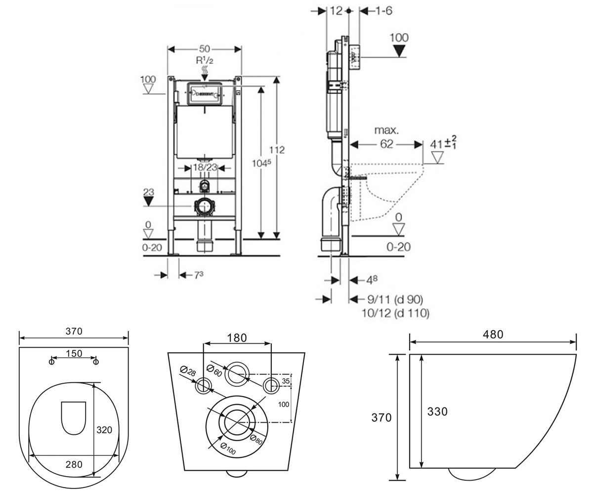 Унитаз с инсталляцией 3 в 1  AMADEUS M RIMLESS 13-06-055M+458.126.00.1:Чертеж 