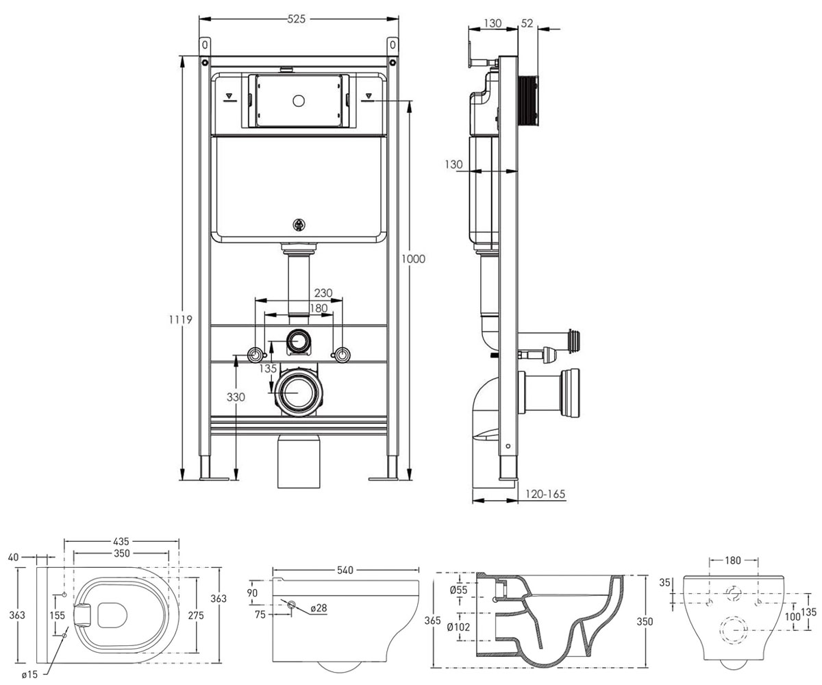 Унитаз с инсталляцией 3 в 1  VIRGO RIMLESS 13-23-455+212010:Чертеж 