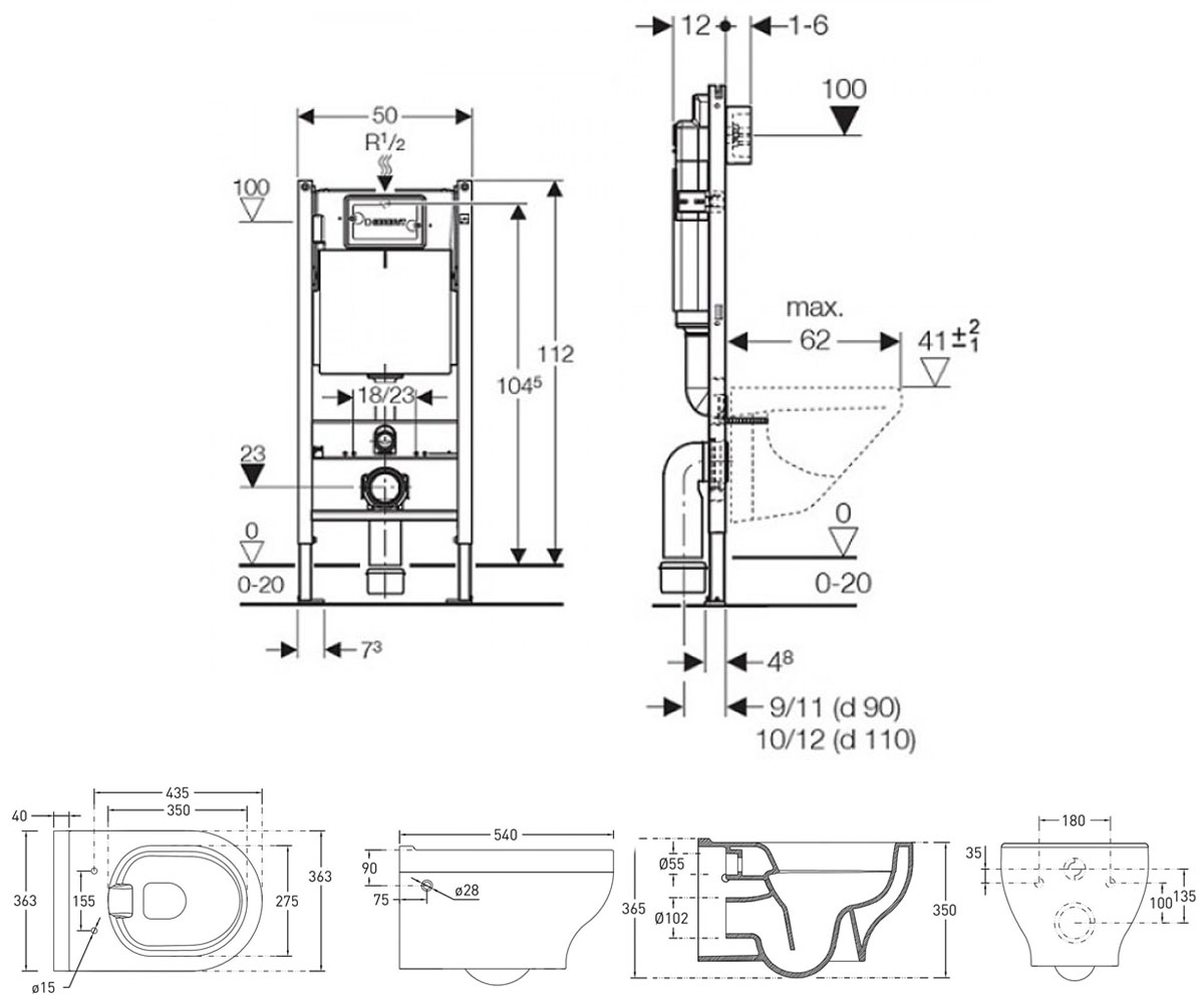 Унитаз с инсталляцией 3 в 1  VIRGO RIMLESS 13-23-455+458.126.00.1:Чертеж 