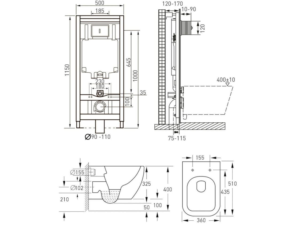 Унитаз с инсталляцией 4 в 1  ORLANDO RIMLESS 13-35-373+141515:Чертеж 