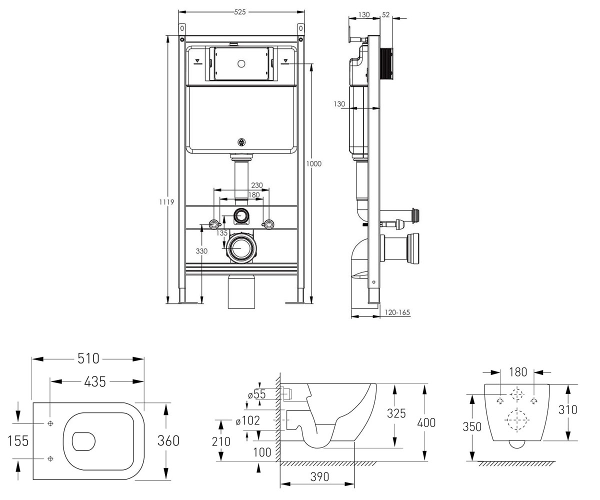 Унитаз с инсталляцией 3 в 1  ORLANDO RIMLESS 13-35-373+212010:Чертеж 
