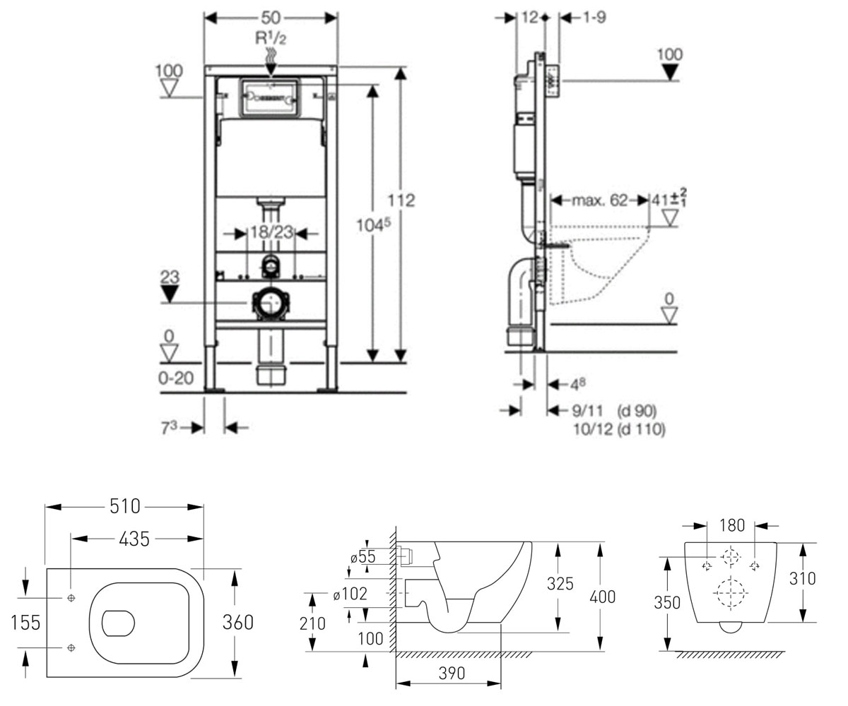 Унитаз с инсталляцией 3 в 1  ORLANDO RIMLESS 13-35-373+458.103.00.1:Чертеж 