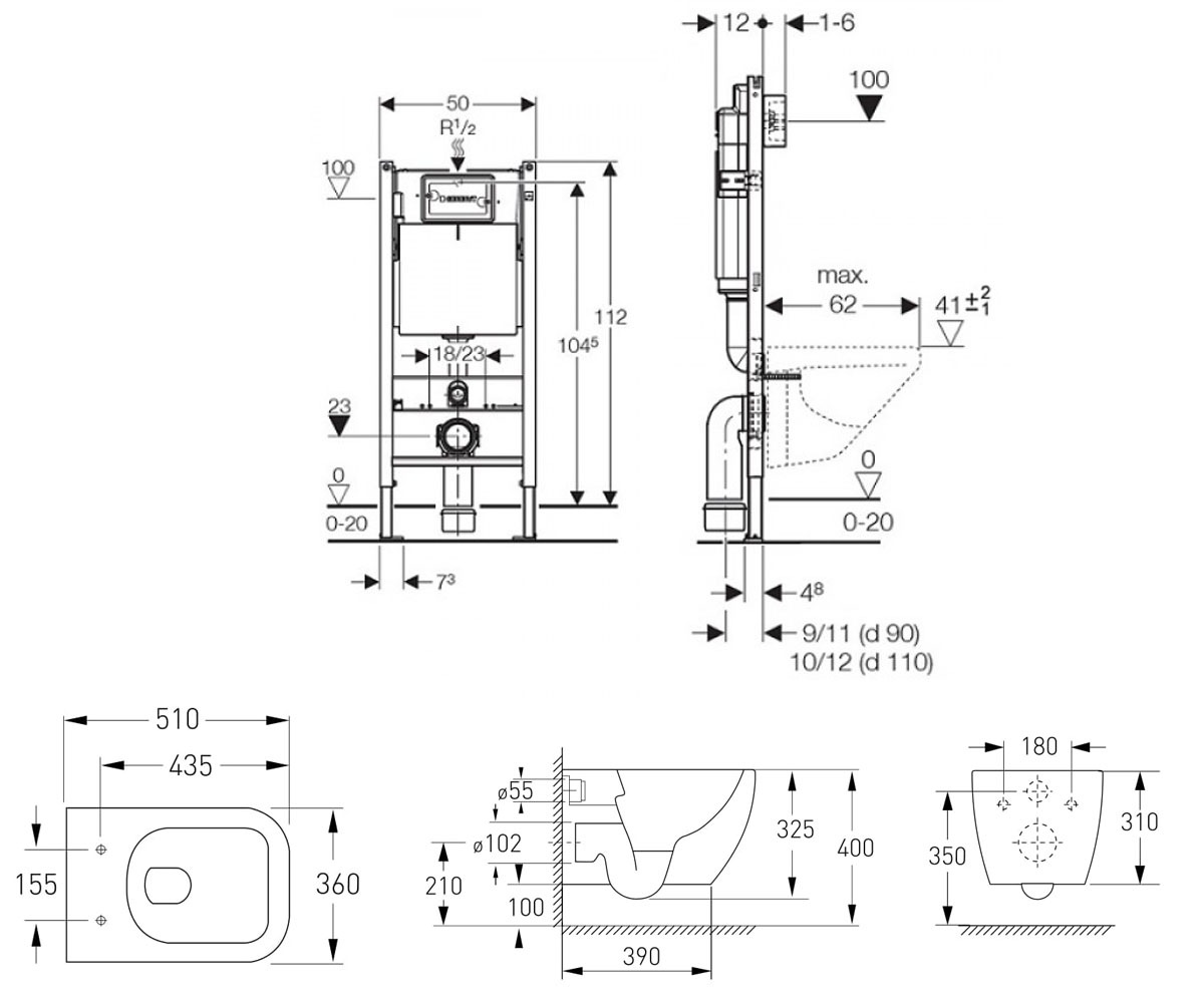 Унитаз с инсталляцией 3 в 1  ORLANDO RIMLESS 13-35-373+458.126.00.1:Чертеж 