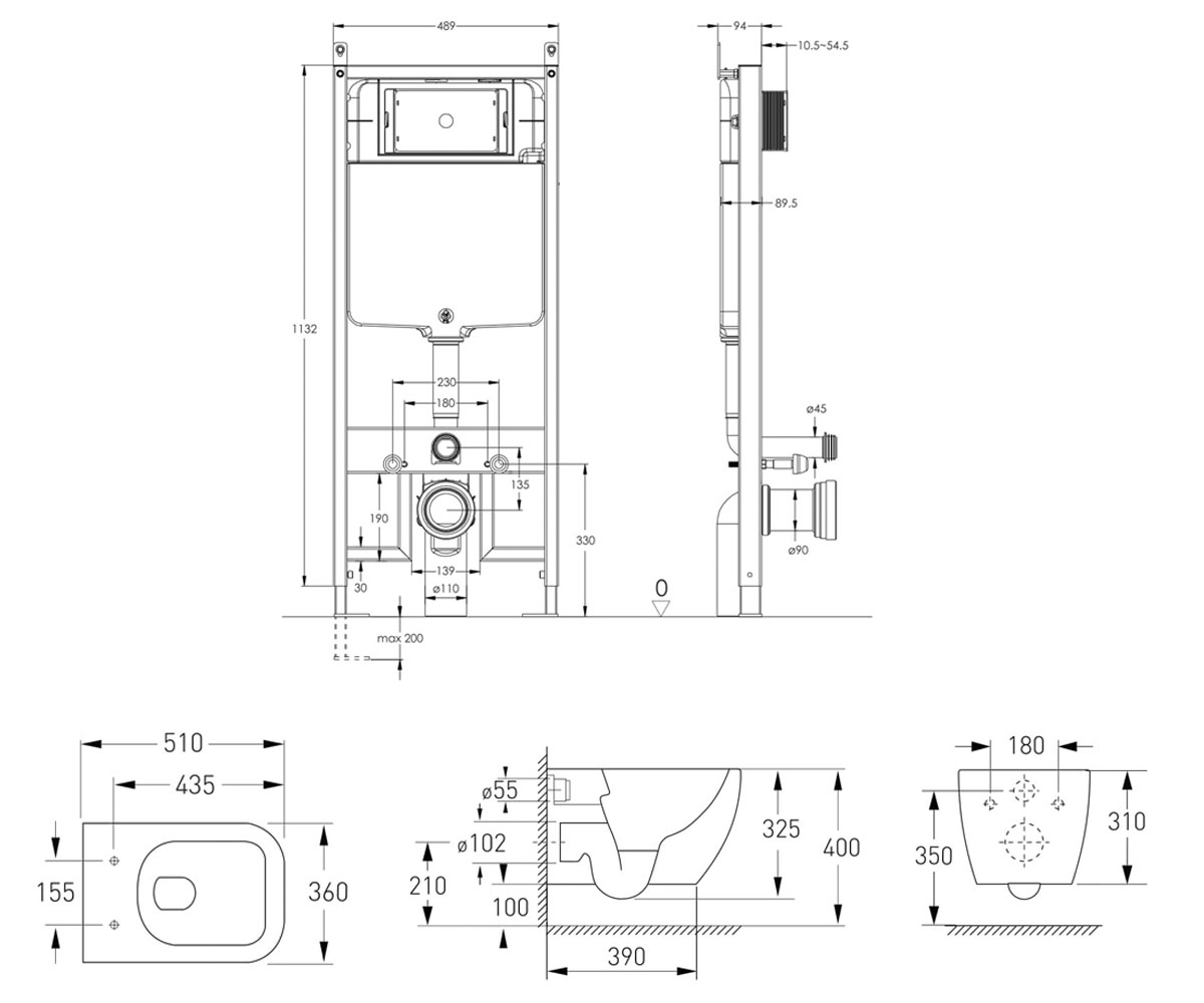 Унитаз с инсталляцией 3 в 1  ORLANDO RIMLESS 13-35-373+I1230:Чертеж 