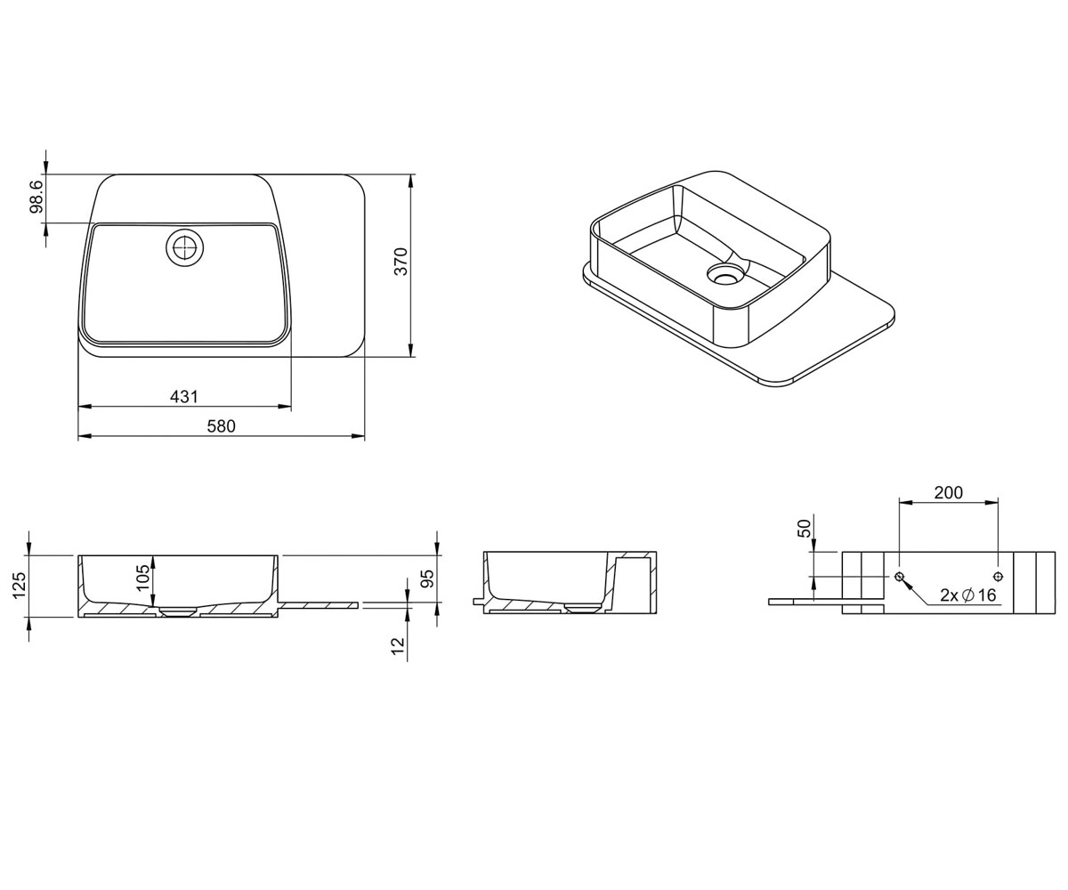 Раковина с крылом 58 см  SOLID SURFACE 13-40-415:Чертеж 