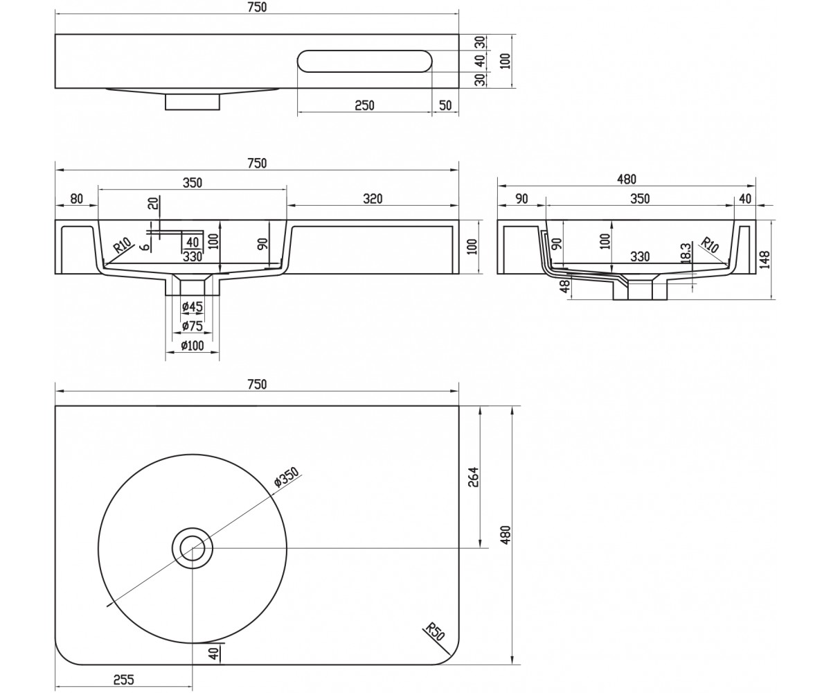 Раковина с полотенцедержателем 75 см  SOLID SURFACE 13-40-742:Чертеж 