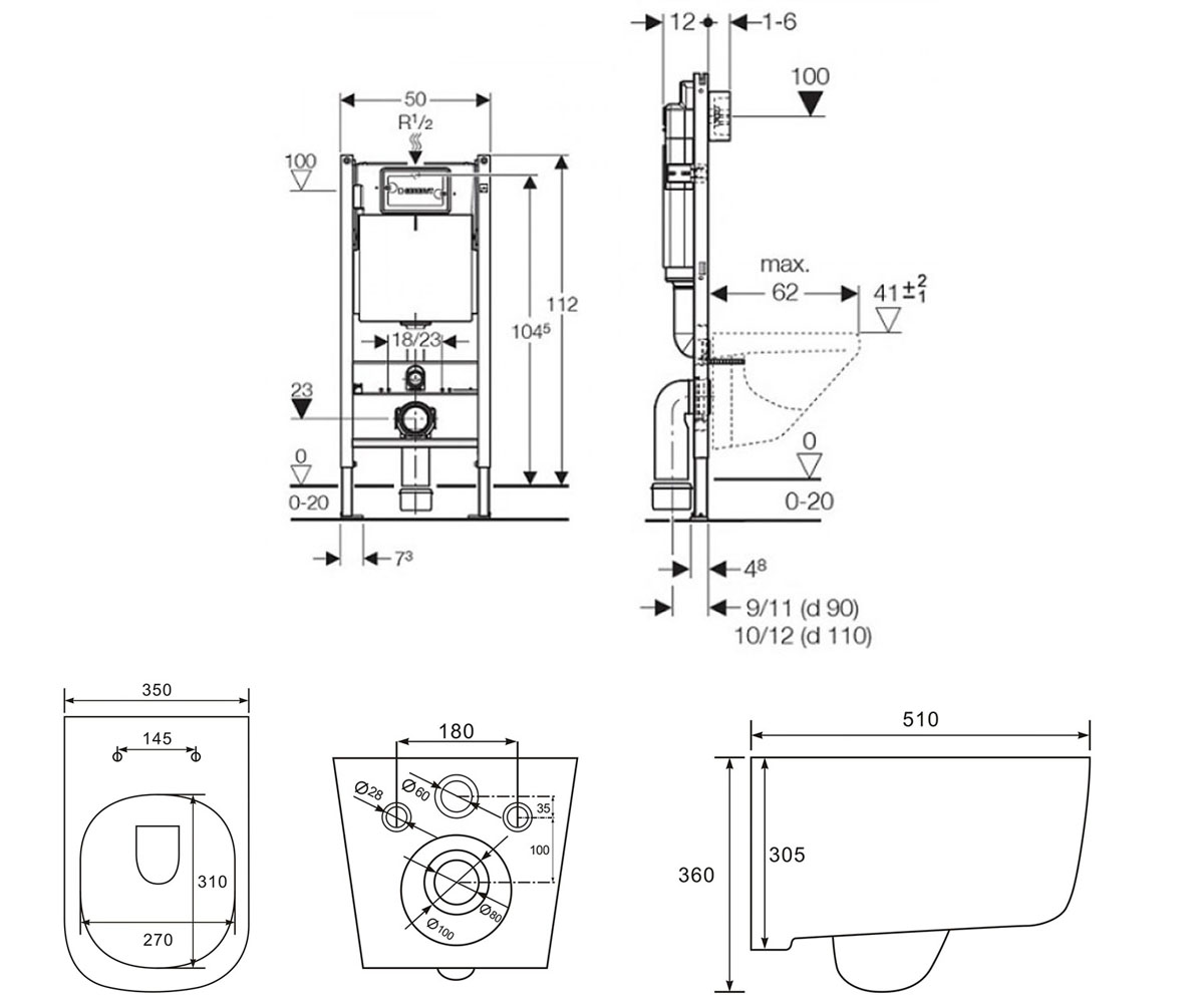Унитаз с инсталляцией 3 в 1  HIPPO RIMLESS 13-44-202+458.126.00.1:Чертеж 