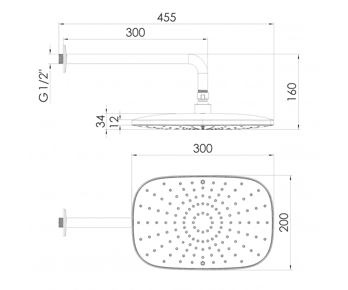 CASCADA A20Cw душ верхній (300*200 мм, набір з кронштейном), cromo  CASCADA 1586.180401:Чертеж 