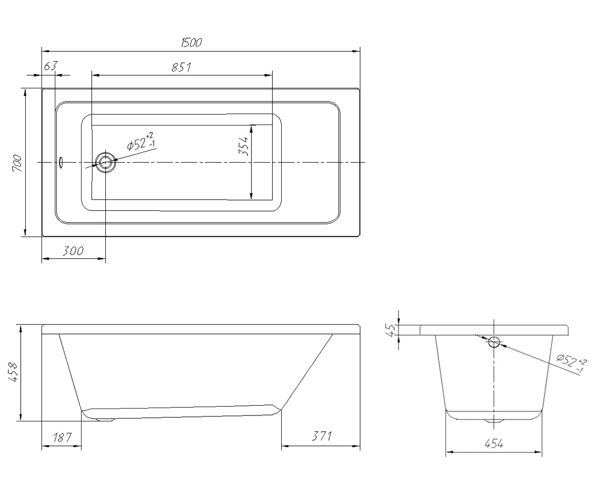 Ванна акриловая 150х70 см  LIBRA TS-1570458:Чертеж 