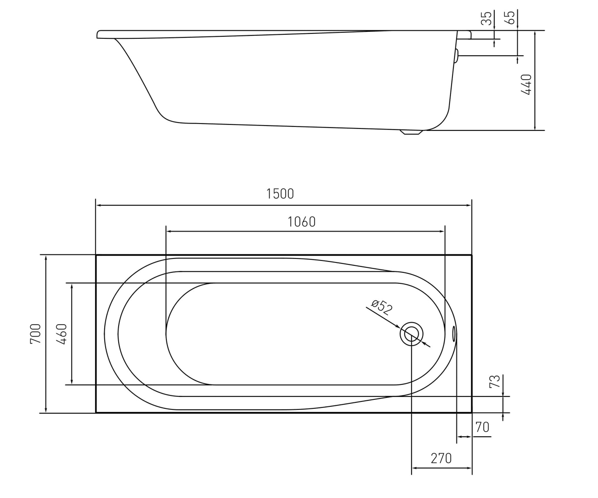 Ванна прямоугольная 150х70 см  AIVA TS-1576844:Чертеж 