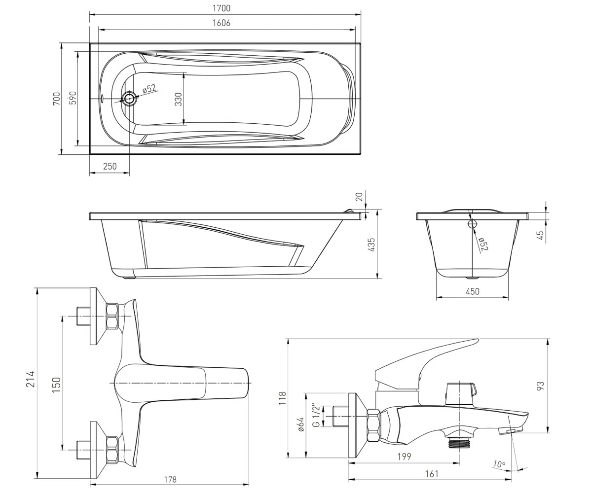 Ванна со смесителем 170х70 см  FIESTA TS-1770435+15192100:Чертеж 