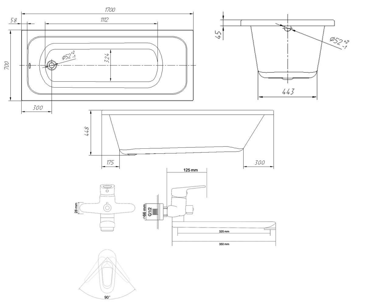 Ванна со смесителем 170х70 см  ALTEA TS-1770448+RBZ100-9B:Чертеж 