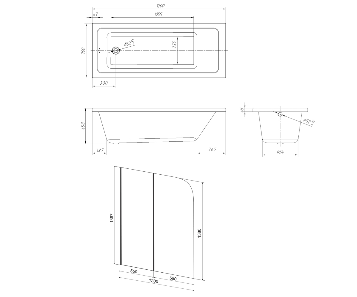 Ванна со шторкой 170х70 см  LIBRA TS-1770458+599-121W:Чертеж 