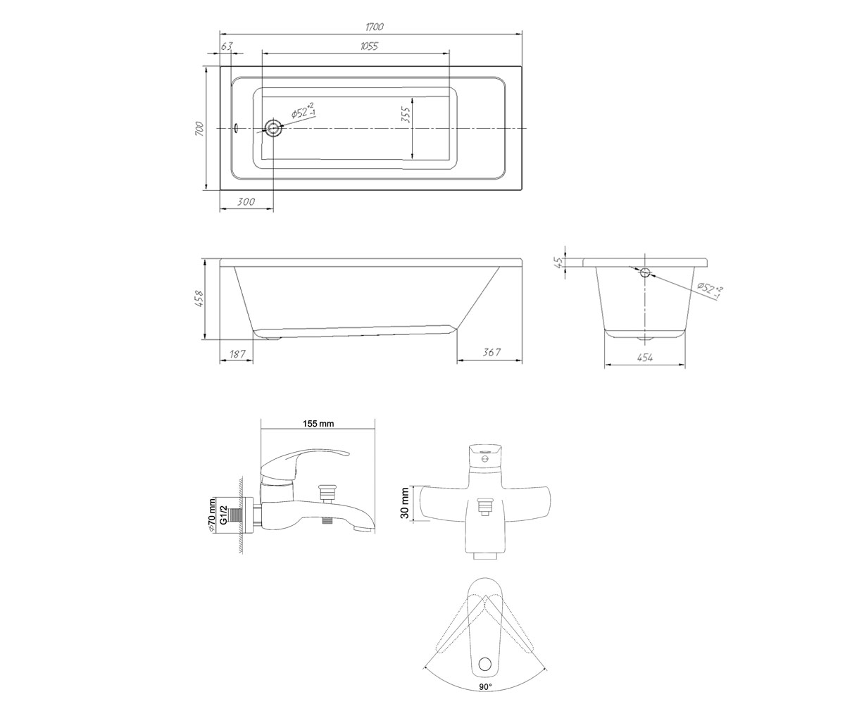 Ванна со смесителем 170х70 см  LIBRA TS-1770458+RBZ014-3:Чертеж 
