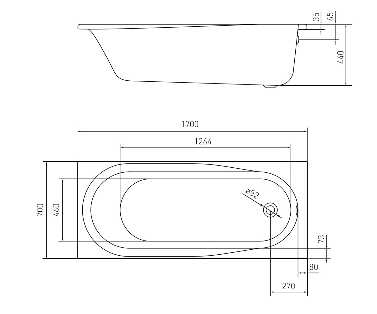 Ванна прямоугольная 170х70 см  AIVA TS-1776844:Чертеж 