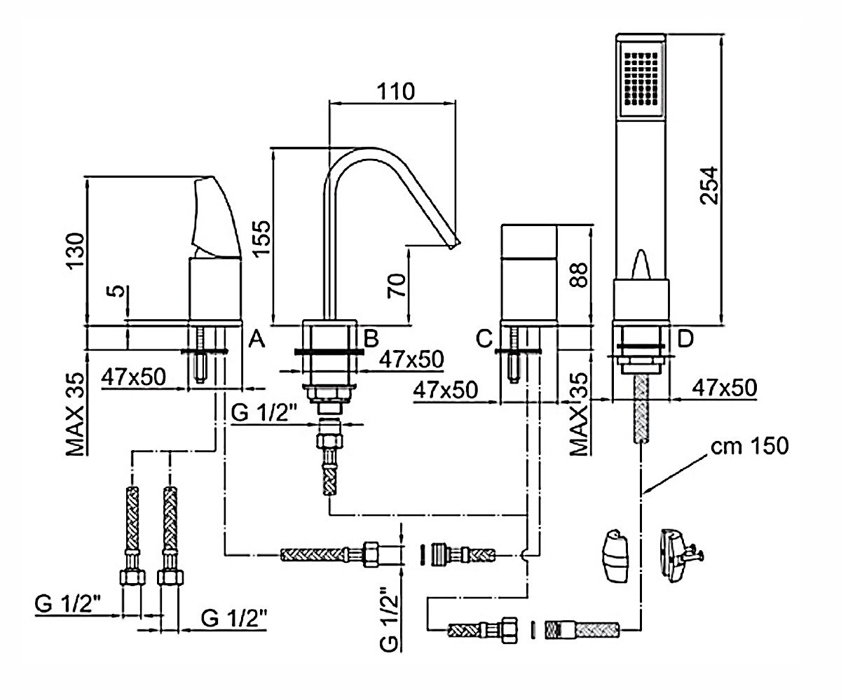 Смеситель на борт ванны  FLAUTO FT850701.015:Чертеж 