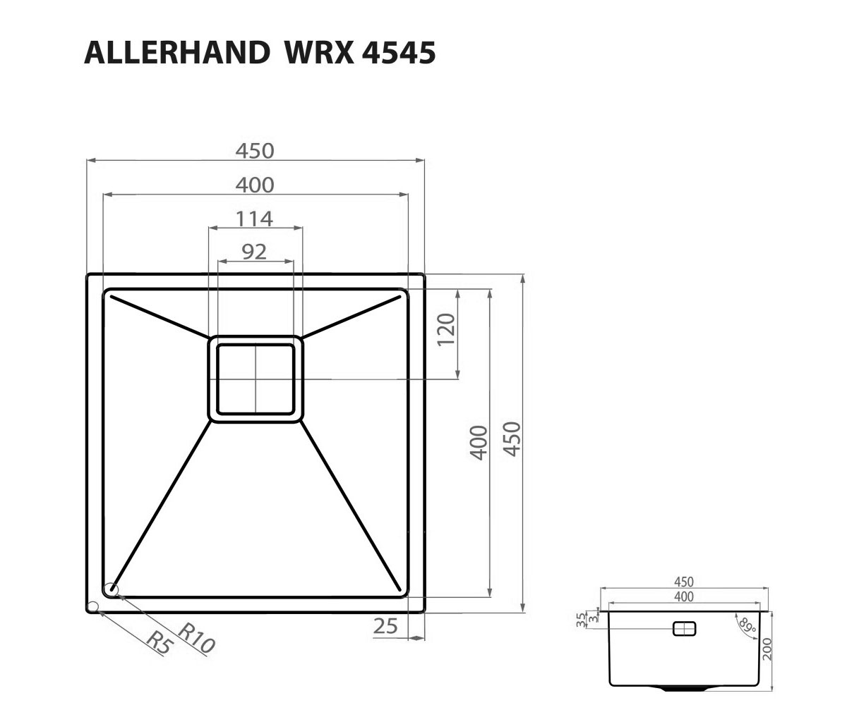 Мойка на одну чашу  ALLERHAND WRX 4545:Чертеж 