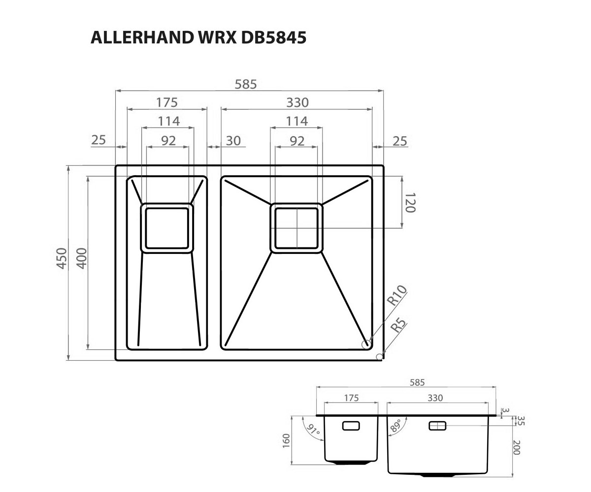 Полуторная мойка  ALLERHAND WRX DB5845:Чертеж 