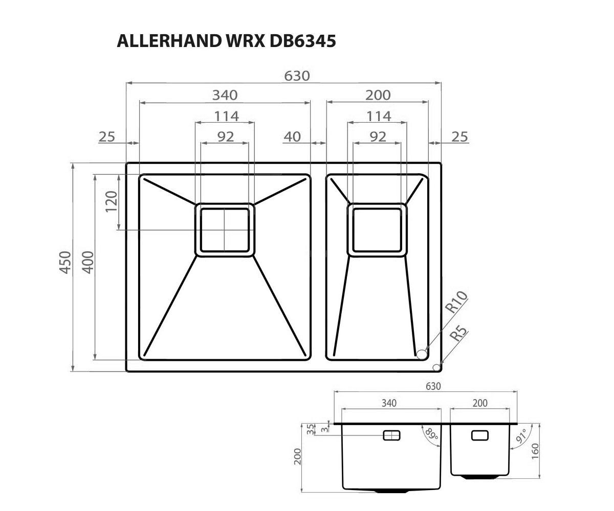 Мойка полуторная  ALLERHAND WRX DB6345:Чертеж 
