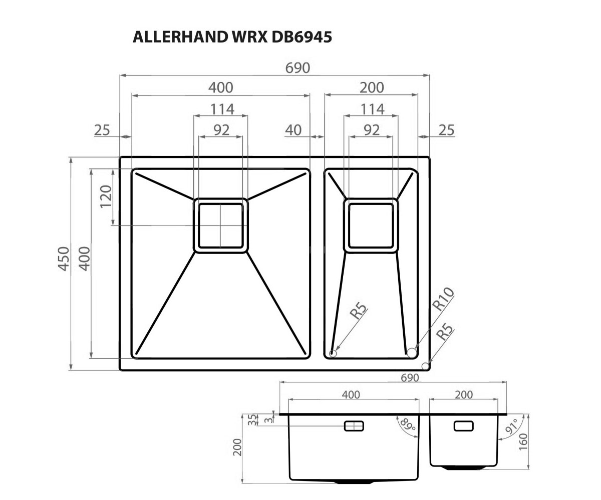 Мойка полуторная  ALLERHAND WRX DB6945:Чертеж 