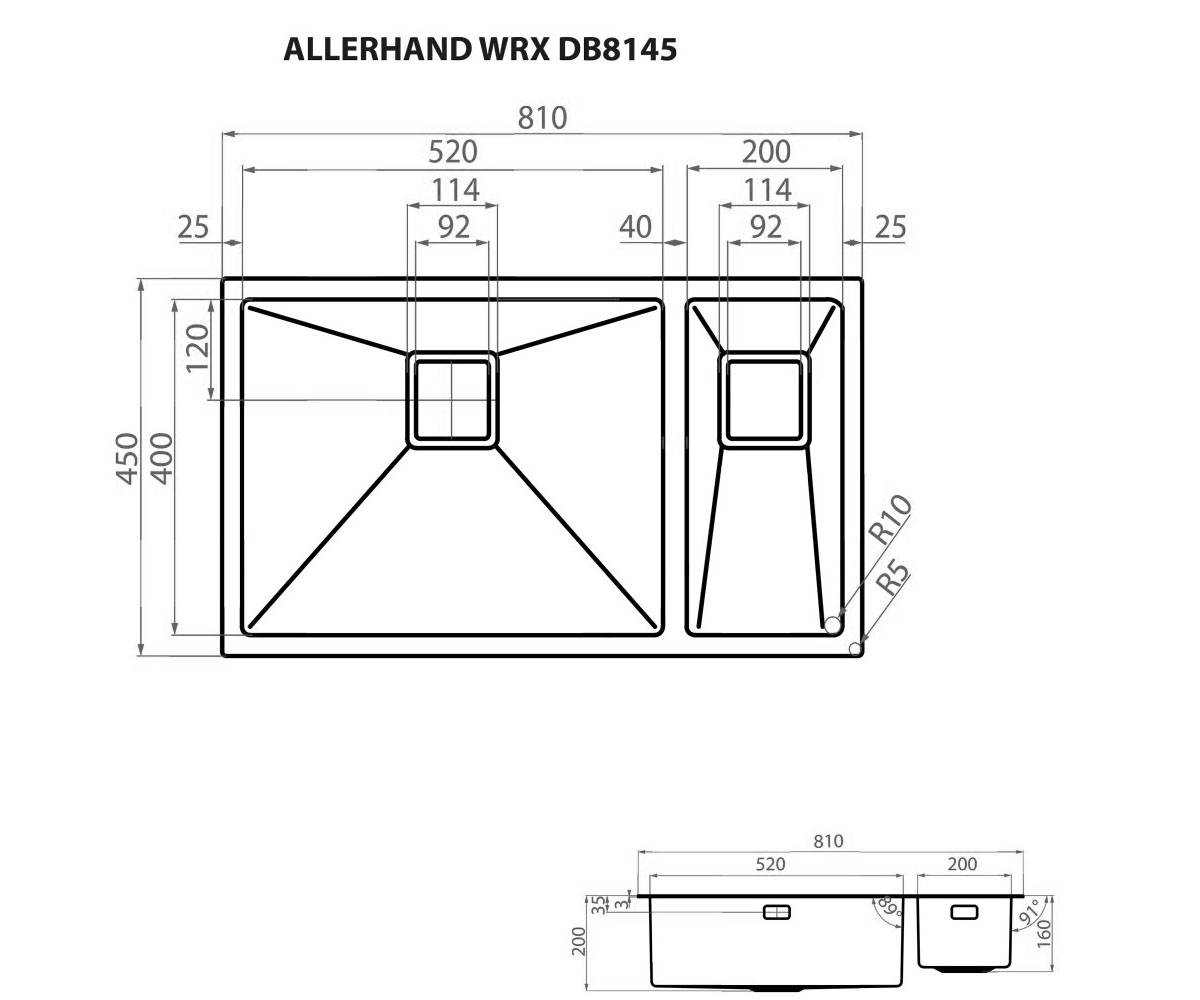 Мойка на полторы чаши  ALLERHAND WRX DB8145:Чертеж 