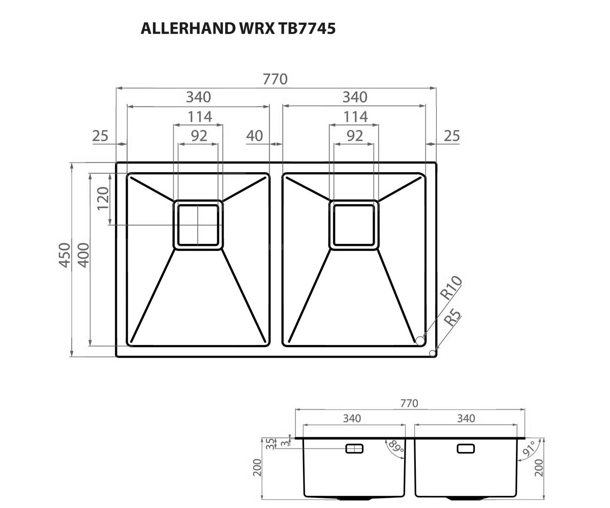 Двойная мойка  ALLERHAND WRX TB7745:Чертеж 