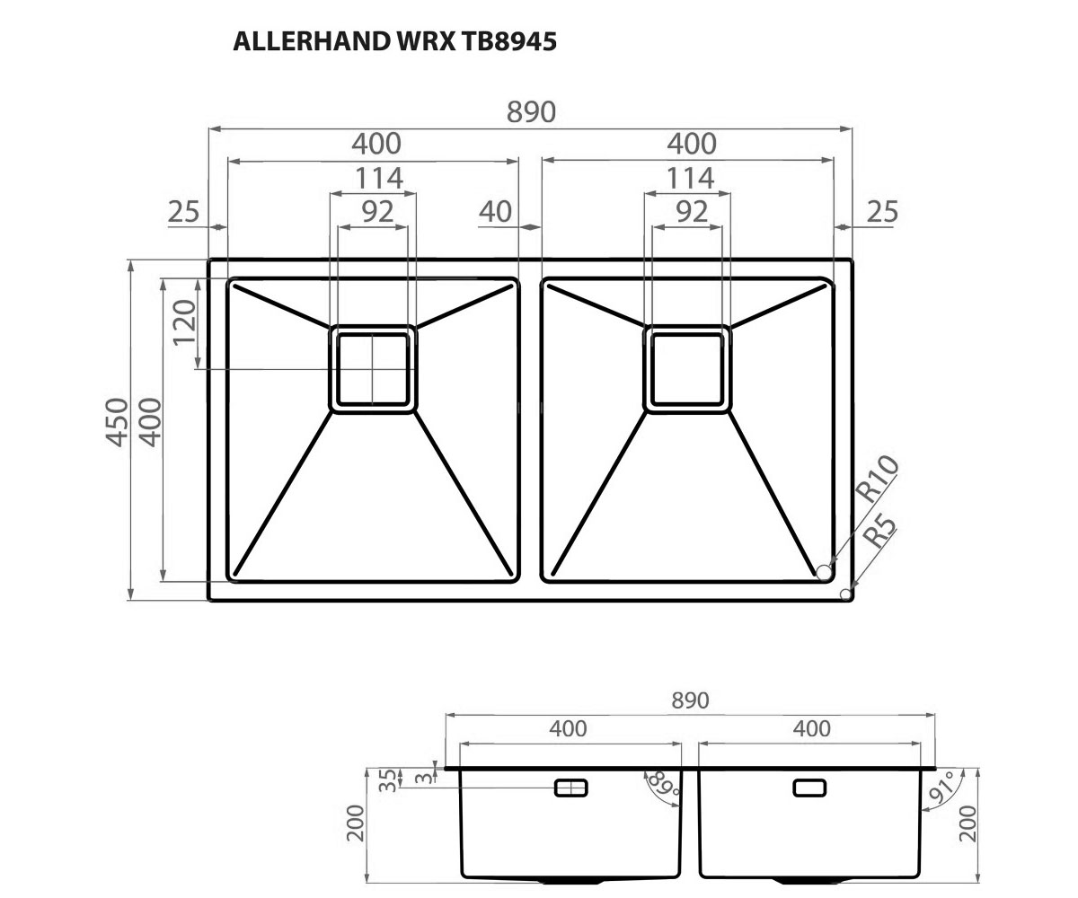 Мойка на две чаши  ALLERHAND WRX TB8945:Чертеж 