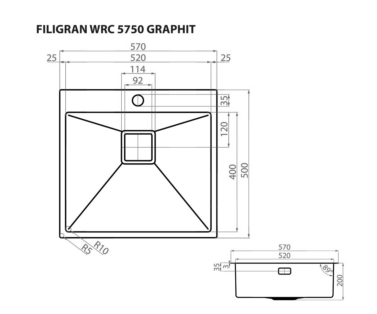 Мойка накладная  FILIGRAN WRC 5750 GRAPHIT:Чертеж 