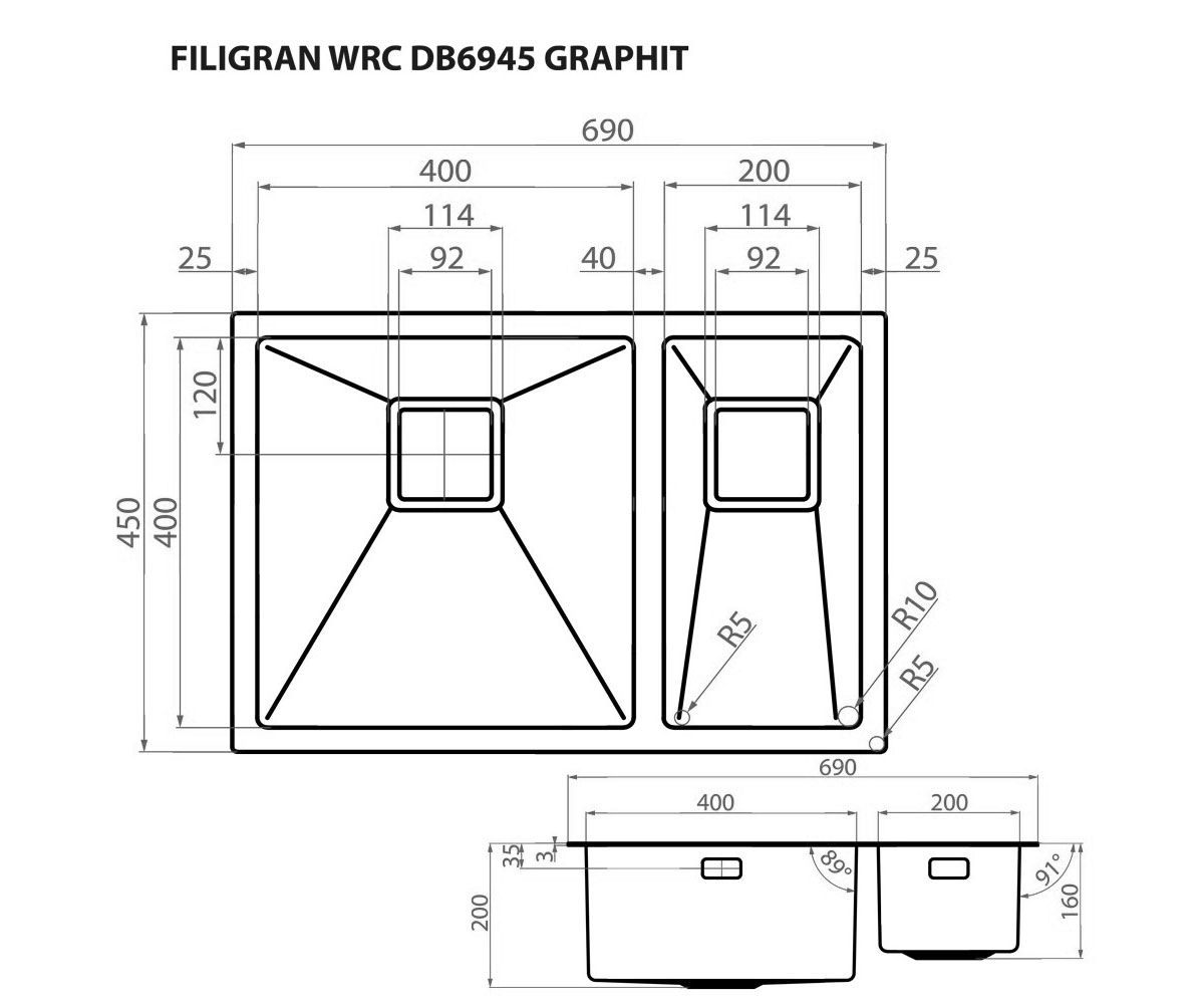 Мойка полуторная  FILIGRAN WRC DB6945 GRAPHIT:Чертеж 