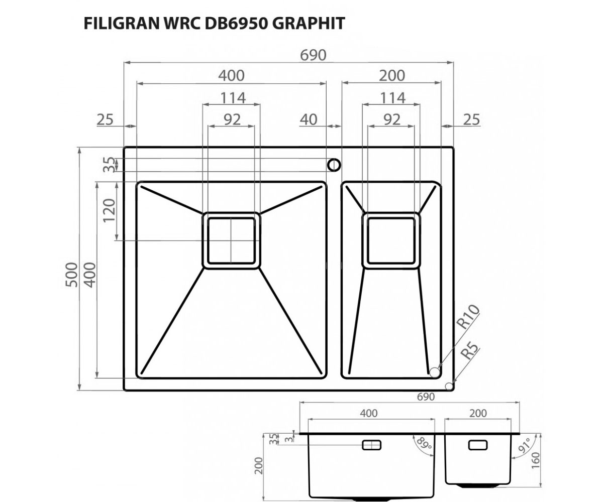 Мойка на полторы чаши  FILIGRAN WRC DB6950 GRAPHIT:Чертеж 