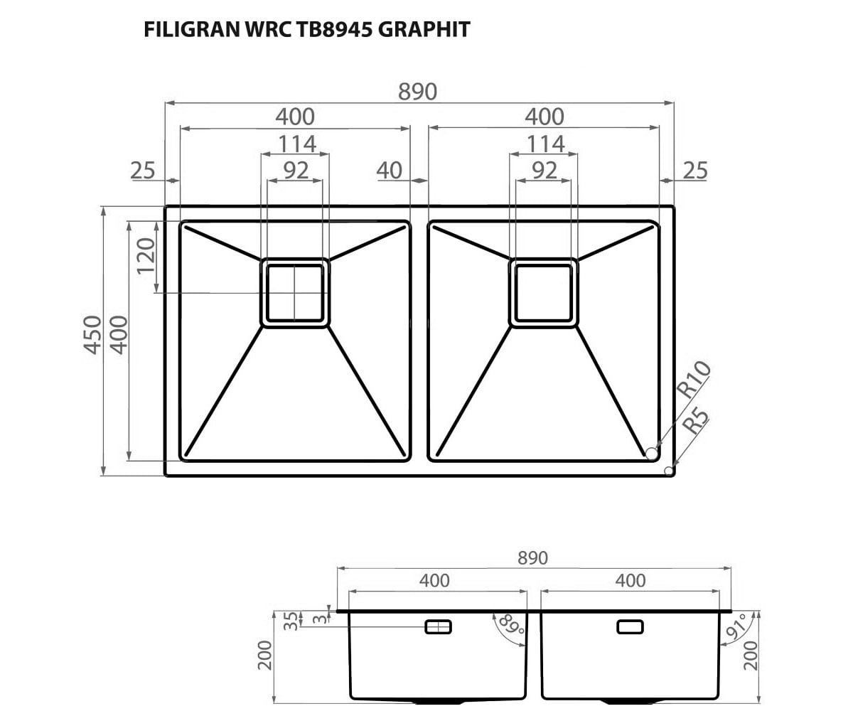 Мойка на две чаши  FILIGRAN WRC TB8945 GRAPHIT:Чертеж 