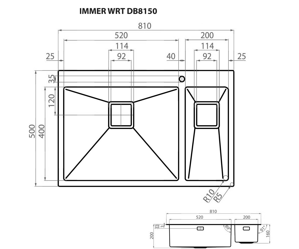 Мойка на полторы чаши  IMMER WRT DB8150:Чертеж 