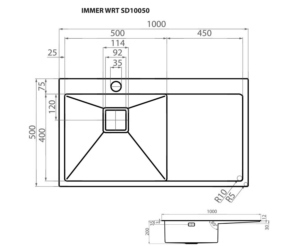 Мойка с правым крылом  IMMER WRT SD10050:Чертеж 