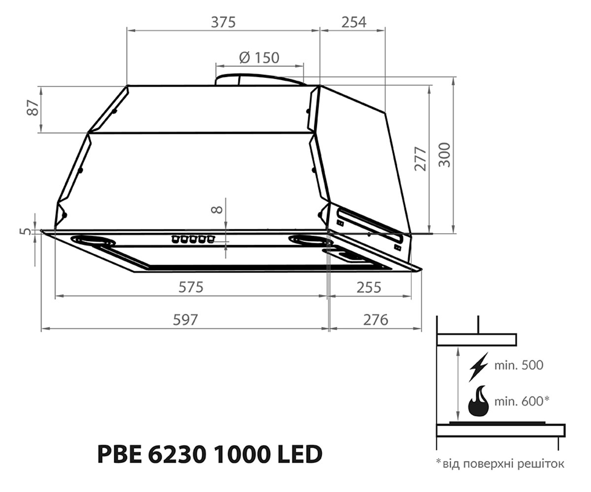 Полновстраиваемая вытяжка  PBE 6230 SS 1000 LED:Чертеж 