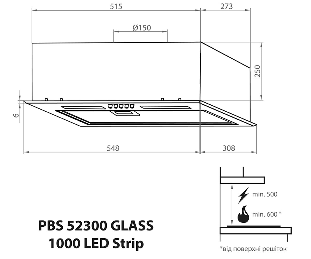 Сенсорная вытяжка  PBS 52300 GLASS BL 1000 LED STRIP:Чертеж 