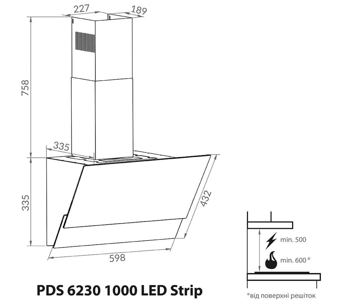 Вытяжка сенсорная  PDS 6230 WH 1000 LED STRIP:Чертеж 