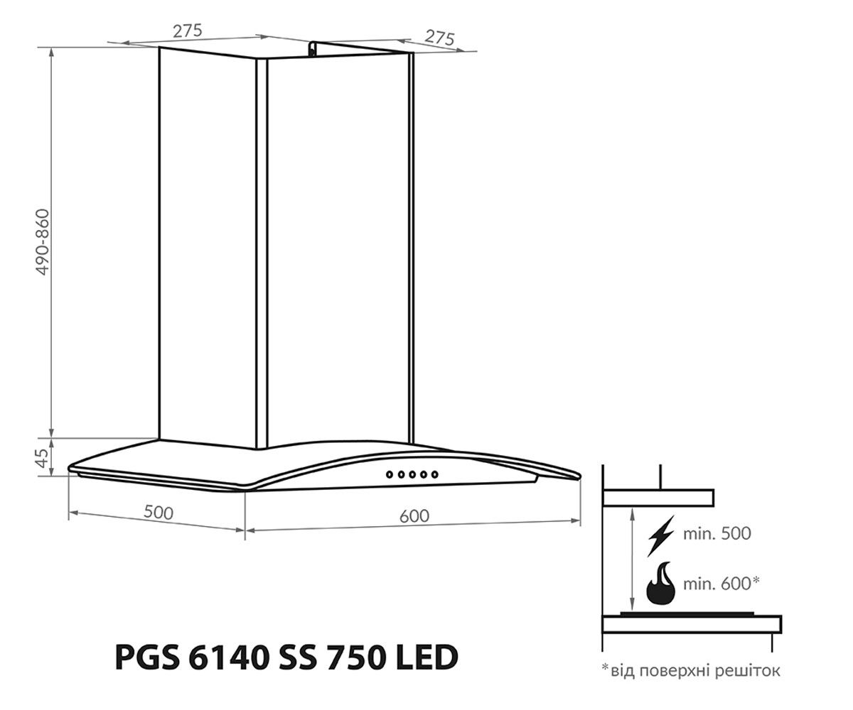 Вытяжка кухонная  PGS 6140 SS 750 LED:Чертеж 