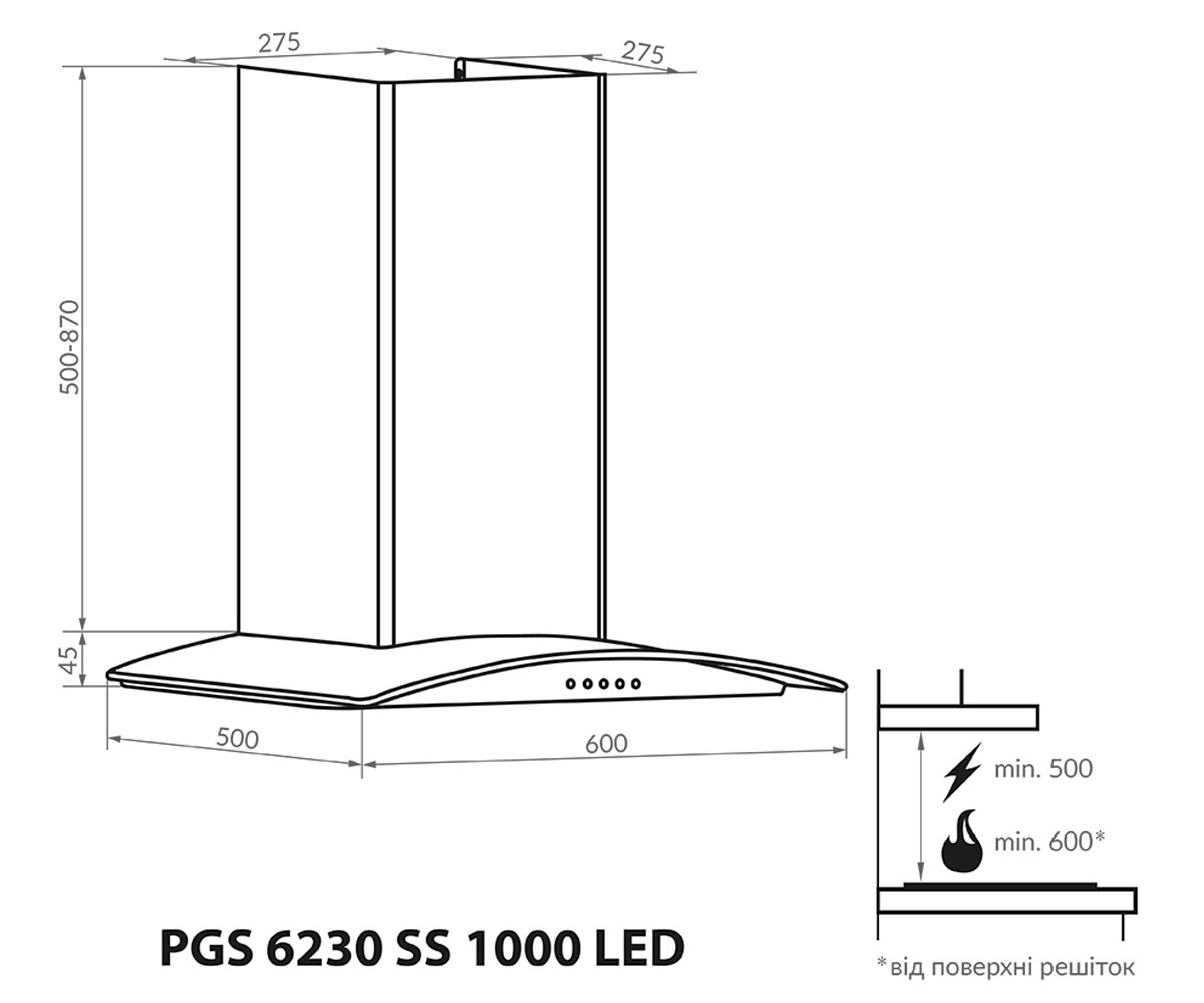 Сенсорная вытяжка  PGS 6230 SS 1000 LED:Чертеж 
