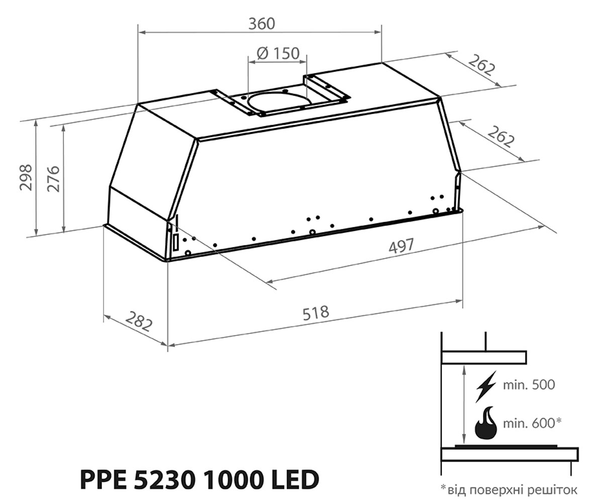 Полновстраиваемая вытяжка  PPE 5230 SS 1000 LED:Чертеж 