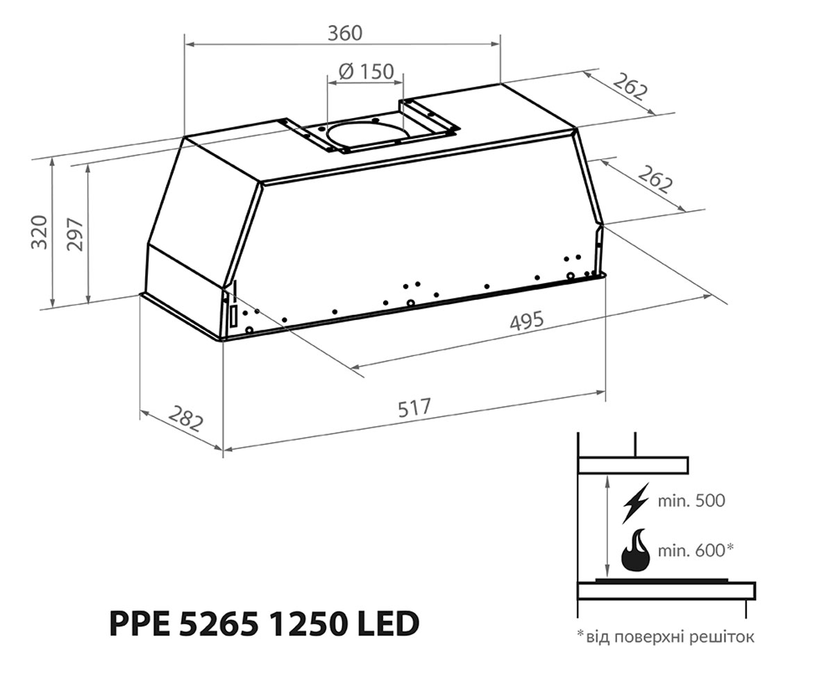 Вытяжка полновстраиваемая  PPE 5265 SS 1250 LED:Чертеж 